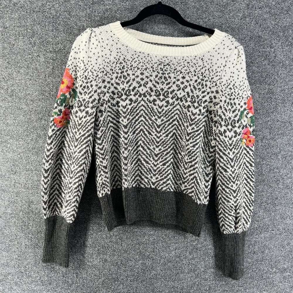 Anthropologie Sweater Womens XS Gray Wool Cashmere Blend Floral Bohemian
